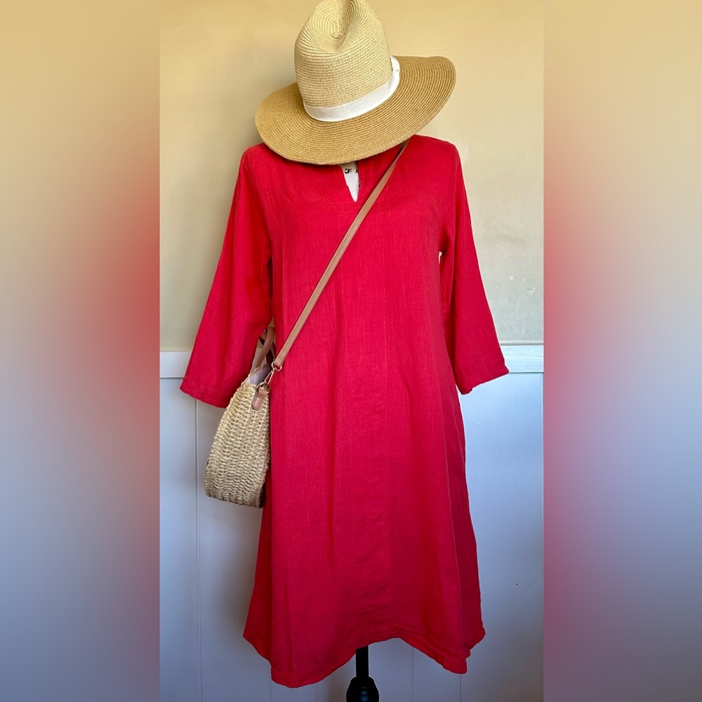 TERZO MILLENNIA red linen dress, small with pockets. EUC Made in Italy